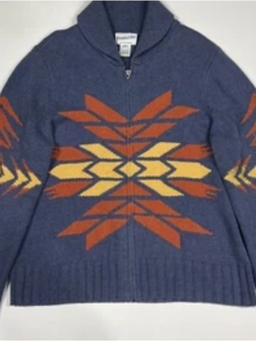 Pendleton Blue Zip-Up Sweater with Rust & Mustard Navajo Motif